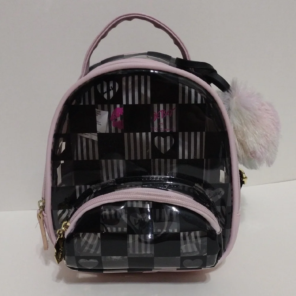 Luv Betsey Betsey Johnson Clear Checkered Mini Backpack Pink Y2K Pom Pom Purse